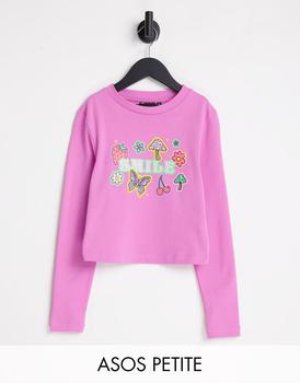 推荐ASOS DESIGN Petite long sleeve baby tee with smile glitter graphic in pink商品