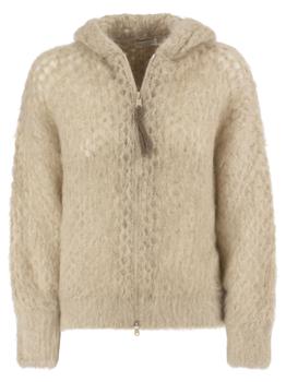 Brunello Cucinelli | Brunello Cucinelli Soft Mesh Mohair And Wool Cardigan With Hood And Necklace商品图片,7折