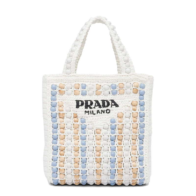 Prada | PRADA/普拉达 22新款 女士白色酒椰纤维搭配彩色木质球串珠单肩手提托特包商品图片,额外9.5折, 包邮包税, 额外九五折