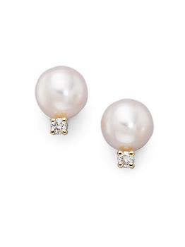 商品6MM White Cultured Akoya Pearl, Diamond & 18K Yellow Gold Earrings图片