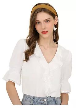 商品Women's Ruffle V Neck Puff Sleeve Blouse Summer Vintage Casual Chiffon Peasant Top,商家Belk,价格¥216图片