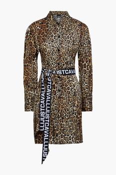 推荐Belted leopard-print satin mini shirt dress商品