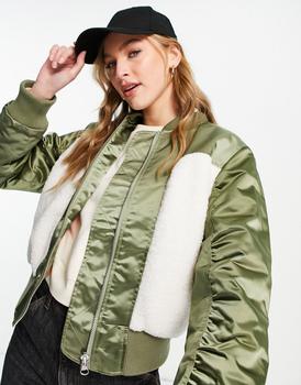 Topshop | Topshop borg panelled bomber jacket in khaki商品图片,4.5折
