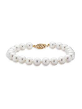 商品BELPEARL | 14K Yellow Gold & 7.5-8MM Akoya Cultured Pearl Bracelet,商家Saks OFF 5TH,价格¥1789图片