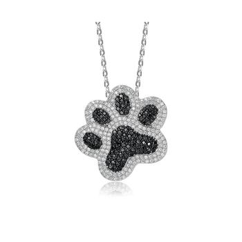 商品Genevive | White Gold Plating with Black & White Cubic Zirconia Cat Dog Pet Paw Pendant Necklace in Sterling Silver,商家Macy's,价格¥696图片