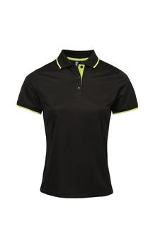 推荐Premier Womens/Ladies Contrast Coolchecker Polo Shirt (Black/Lime)商品