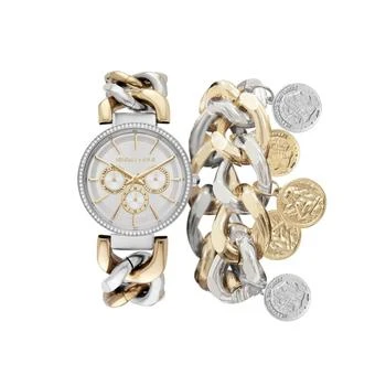 推荐Women's Two-Tone Stainless Steel Metal Strap Chunky Chain Mock-Chronograph Analog Watch and Coin Bracelet Set 40 mm商品