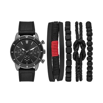 推荐Men's Black Faux-Leather Strap Watch & Bracelets Gift Set 45mm商品