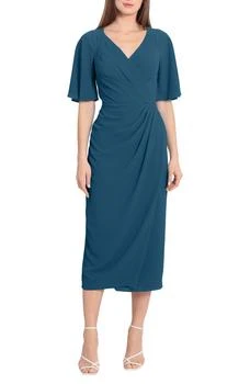 推荐Flutter Sleeve Faux Wrap Midi Dress商品