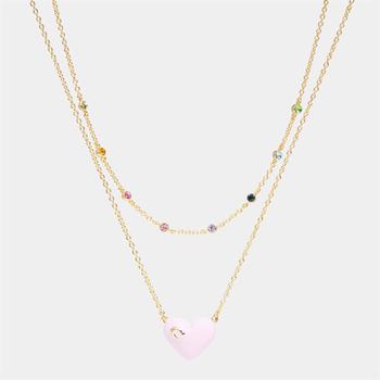 推荐Coach Women's Enamel C Heart Double Chain Necklace - Gold/Pink Multi商品