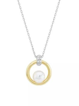 推荐Circle Two-Tone 18K Gold, Diamond & Floating 6MM Cultured Akoya Pearl Pendant Necklace商品