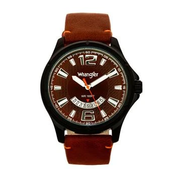 Wrangler | Men's Watch, 48MM IP Black Case, Brown Zoned Dial with White Markers and Crescent Cutout Date Function, Brown Strap with Red Accent Stitch Analog, Red Second Hand 