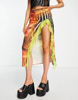 推荐Jaded London low waist midi skirt with frilly split in multi spring print商品
