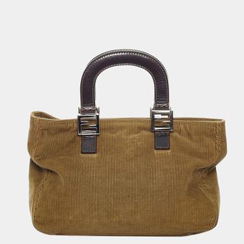 芬迪女包腰包, [二手商品] Fendi | Fendi Brown Leather Fabric Corduroy Top Handle Bag商品图片 9.1折