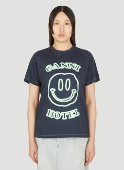 Ganni | Smiley Hotel Print T-Shirt in Navy商品图片,6折