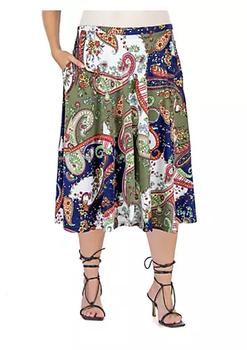 推荐24seven Comfort Apparel Paisley Print Pleated Plus Size Pocket Midi Skirt商品