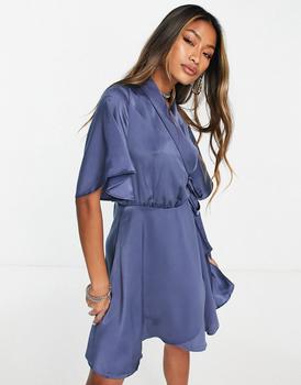 VERO MODA怎么样, VERO MODA | Vero Moda short sleeve satin wrap midi dress in dark blue商品图片 