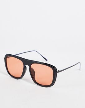 ASOS | ASOS DESIGN aviator sunglasses in black with orange lens商品图片,5折×额外9.5折, 额外九五折