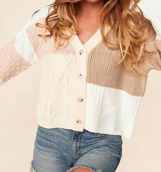 商品Sugarfox | Winston Patchwork Sweater Cardi in Cream/Khaki,商家Premium Outlets,价格¥287图片