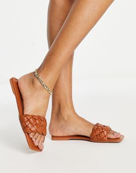 Truffle Collection woven square toe flat sliders in tan product img
