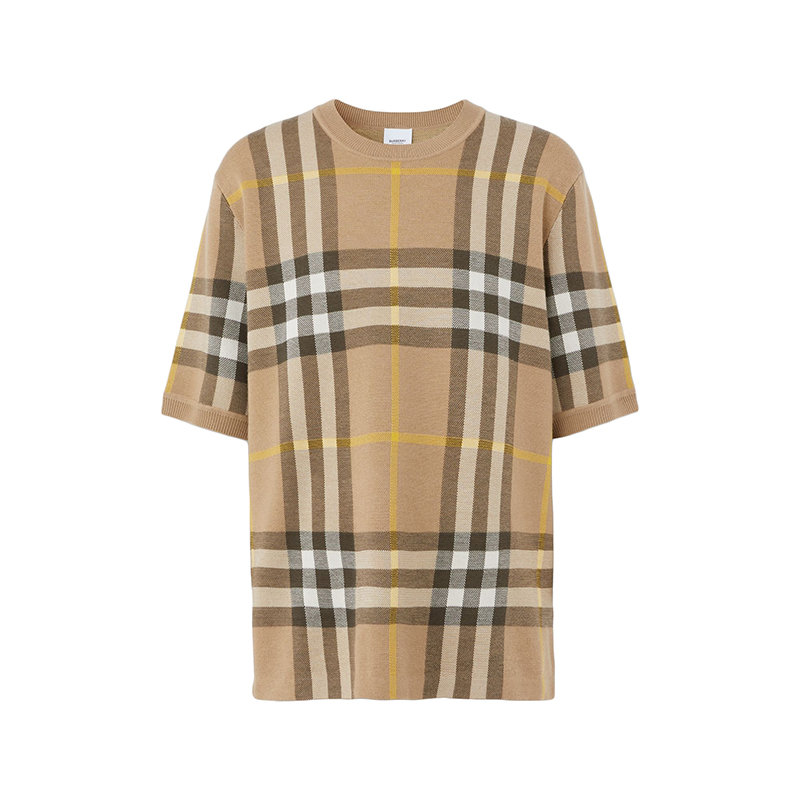 Burberry | 【预售3-7天】BURBERRY/博柏利 22年秋冬新款 男士松露色丝羊混纺格纹提花短袖上衣T恤80549171商品图片,8折, 包邮包税