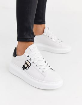 推荐Karl Lagerfeld Kapri Ikonic white leather platform sole trainers with black trim商品