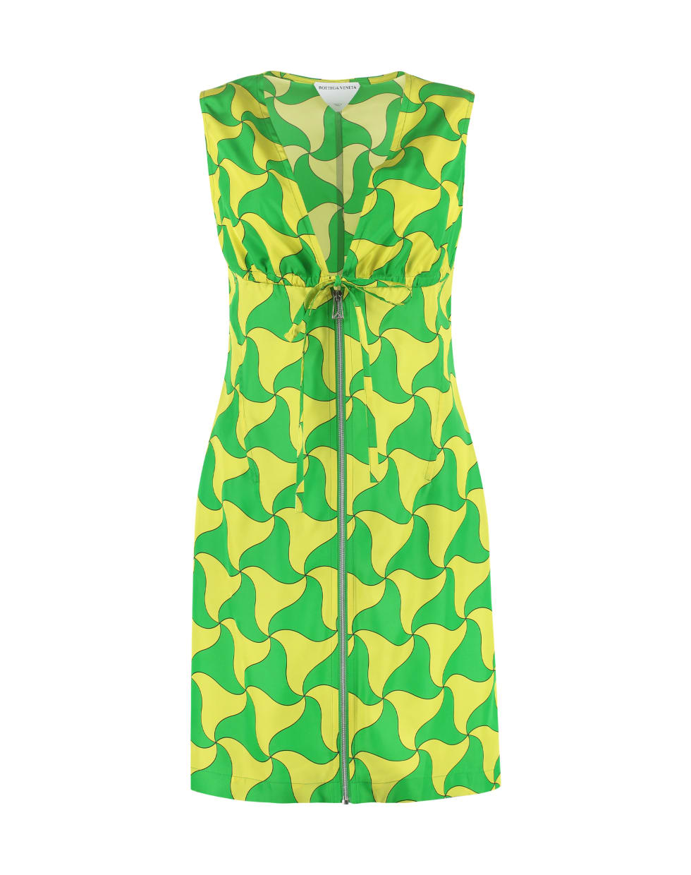Bottega Veneta | BOTTEGA VENETA 女士粘胶真丝混纺绿黄色几何图案印花无袖中长款连衣裙 691535-V1N20-7072商品图片,独家减免邮费