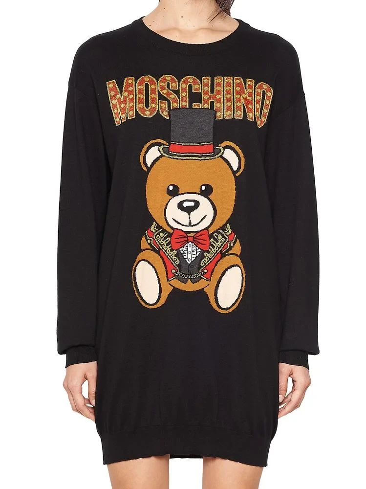 推荐BOUTIQUE MOSCHINO 女士黑色棉质泰迪熊印花长袖圆领连衣裙 V0482-0504-1555商品