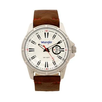 Wrangler | Men's Watch, 46MM Silver Colored Case with Cutout Bezel, Silver Milled Dial with White Index Markers, Analog. Red Second Hand and Cutout Crescent Date Function, Brown Strap with Red Accent 
