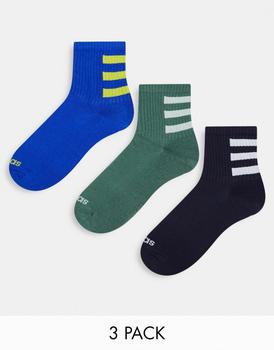 Adidas | adidas Training 3 pack 3-stripe crew socks in khaki, navy and mid blue商品图片,5折×额外8折x额外9.5折, 独家减免邮费, 额外八折, 额外九五折