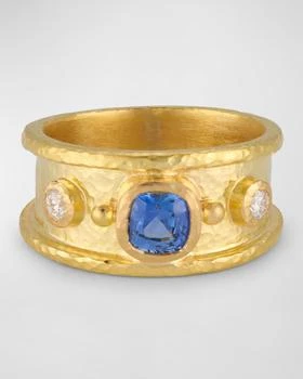 Elizabeth Locke | 19K Yellow Gold Medium Square Blue Sapphire and Diamond Cigar Band Ring, Size 6.5,商家Neiman Marcus,价格¥33357