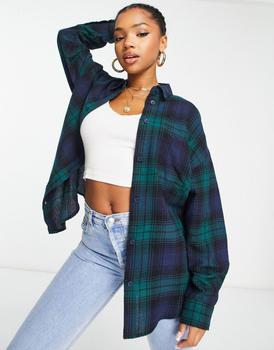 推荐Monki oversized colourblock flannel shirt in green and blue check商品