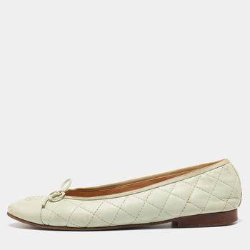 美国香奈儿鞋, [二手商品] Chanel | Chanel Mint Green Quilted Leather Bow CC Cap Toe Ballet Flats Size 39.5商品图片 满1件减$100, 满减