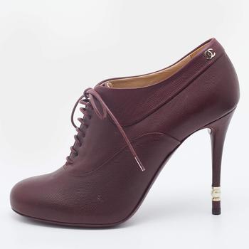 香奈儿鞋, Chanel | Chanel Burgundy Leather CC Lace Up Booties Size 38商品图片 