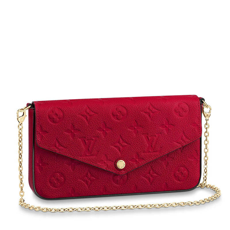商品Louis Vuitton | 【预售3-7天】路易威登22春夏新款FÉLICIE系列女士猩红色老花压纹软粒面牛皮革金扣金链配可拆卸贴袋翻盖开合斜跨手拿链条信封包M63700,商家IWCOCO,价格¥11647图片