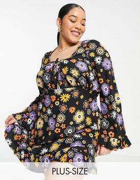 商品Wednesday's Girl Curve fit flare mini tea dress in 70s floral print图片