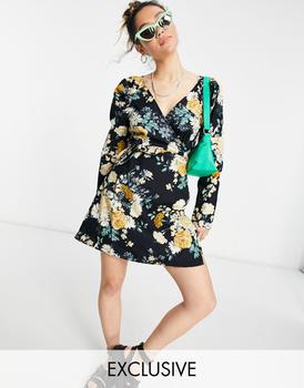 推荐Reclaimed Vintage inspired long sleeve wrap dress in floral print商品