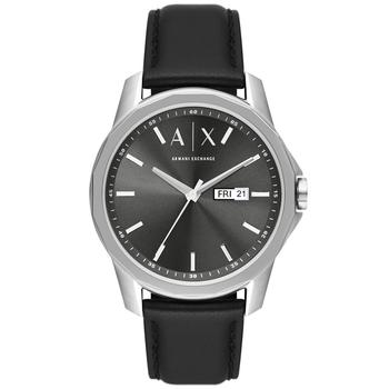 Armani Exchange | Men's Three-Hand Day-Date Black Leather Strap Watch, 44mm商品图片,