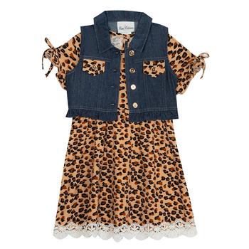 商品Little Girls Short Sleeve Dress with Denim Vest Set, 2 Piece图片