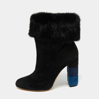 菲拉格慕鞋女靴, Salvatore Ferragamo | Salvatore Ferragamo Black Suede And Fur Trim Color Block Heel Loris Ankle Boots Size 40商品图片 8.3折