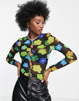 Topshop代购, Topshop | Topshop floral print mesh long sleeve top in multi商品图片 