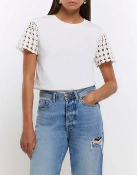 River Island | River Island Crochet sleeve t-shirt in white 