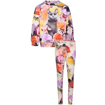 推荐Garden roses and cat print colorful wide sweatshirt and leggings set in lilac and white商品