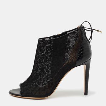 菲拉格慕鞋女靴, Salvatore Ferragamo | Salvatore Ferragamo Black Python Embossed And Lace Nufus Peep Toe Ankle Boots Size 36.5商品图片 7.2折