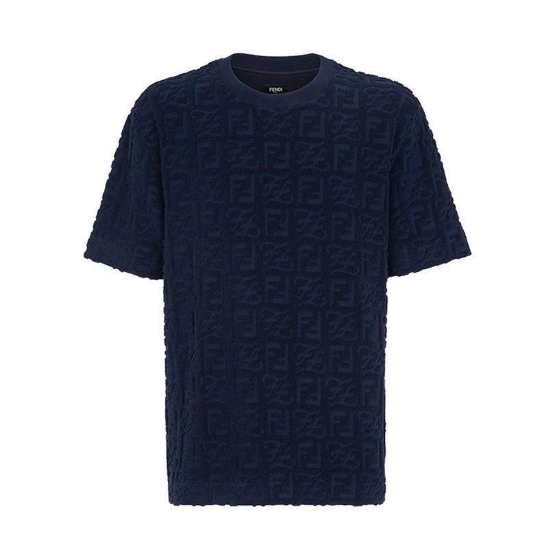 Fendi | 【预售3-7天】FENDI/芬迪 22年早春新款 男士蓝色棉质混纺毛圈效果老花图案短袖T恤FY0936A9RKF0QG3商品图片,包邮包税