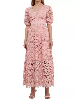 推荐Puff Sleeves Lace Tiered Maxi Dress商品