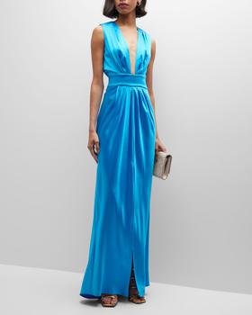 商品Ramy Brook | Quinn Pleated Deep V-Neck Satin Gown,商家Neiman Marcus,价格¥2558图片