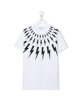 Neil Barrett | Kids White T-shirt With Front Black Fair-isle Thunderbolt Print商品图片,