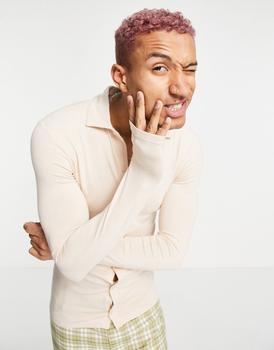 ASOS | ASOS DESIGN long sleeve button through jersey shirt in beige - BEIGE商品图片,5.3折