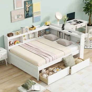 Streamdale Furniture | Streamdale L-Shaped Bookcase Bed with Power, USB & Drawers - White,商家Premium Outlets,价格¥5230